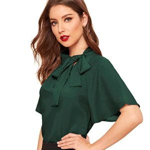 Casual Side Bow Tie Neck Short Sleeve Blouse Shirt